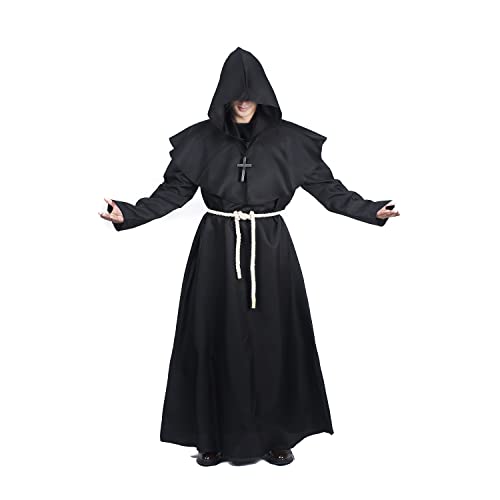 Halloween-Cosplay-Kostüm, mittelalterlich, mit Kapuze, Mönchmantel, Priester-Bademantel für Herren, inklusive Halskette (schwarz, groß) von Qerhod