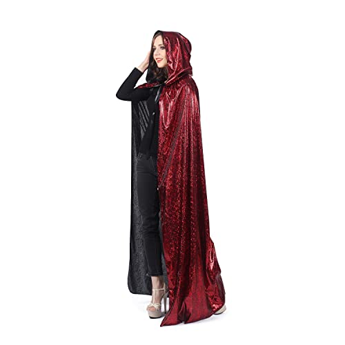 Unisex-Umhang mit Kapuze in voller Länge, für Halloween, Cosplay-Kostüm, super glänzend und spektakulär, 150 cm von der Schulter bis zum Saum (Halloween-Kostüme, Umhang, groß, weinrot) von Qerhod