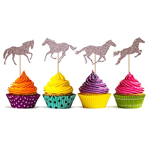 Qerleny 24 Stück Set Rosegold Glitzer Pferd Cupcake Deko Pferd Cupcake Dekoration Einhorn Thema Tortendeko von Qerleny