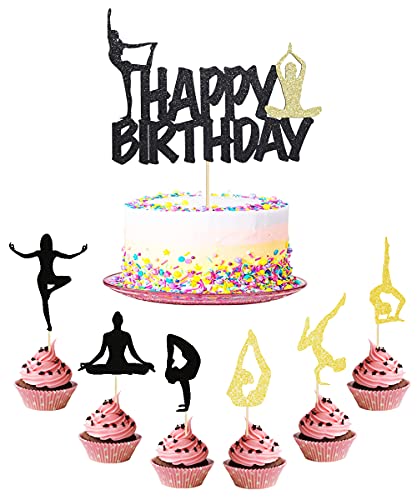 Qerleny Golden Schwarz Glitter Yoga 7 Stück Set Happy Birthday Cake Topper, Yoga Geburtstag Party Kuchen Dekoration, Yoga Thema Party Fitness Party Geburtstag Party Dekorationen von Qerleny