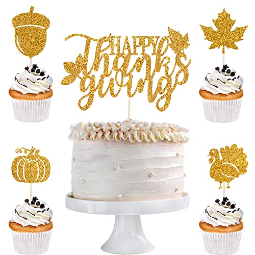 Qertesl 25 Stück Thanksgiving-Cupcake-Topper, Truthahn-Ahorn-Kürbis-Herbst-Themen-Kuchendekoration, Ernte-Saison, Kuchendekoration, Cupcake-Dessert-Picker von Qertesl