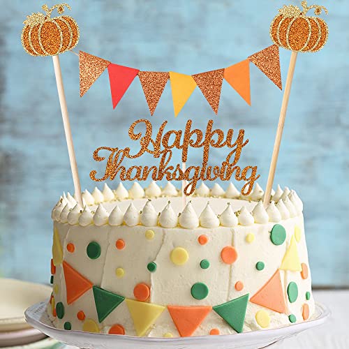 Qertesl Happy Thanksgiving Tortenaufsatz, Kürbis-Kuchen-Topper, Banner, mit handgefertigten dreieckigen Flaggen zum Dekorieren von Herbst-Themenpartys, Erntedank-Partys. von Qertesl