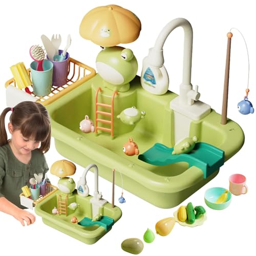 Kinderküchen-Spielset | Rollenspiel-Küchenset | Spielzeug-Küchenzubehör, Spielzeug-Spülbecken mit fließendem Wasser, Küchen-Skin-Spielset, Spülmaschinen-Spielspielzeug-Wasserhahn und Spielgeschirr-Spi von Qhvynpo