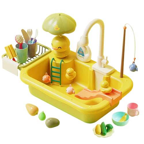 Kinderküchen-Spielset | Rollenspiel-Küchenset | Spielzeug-Küchenzubehör, Spielzeug-Spülbecken mit fließendem Wasser, Küchen-Skin-Spielset, Spülmaschinen-Spielspielzeug-Wasserhahn und Spielgeschirr-Spi von Qhvynpo