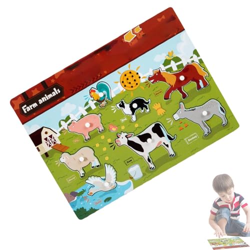 Peg Puzzle with Sound, Wooden Animals Vehicles Cartoon Toy Peg Puzzle, Exercise Hand-Eye Coordination Parent-Child Puzzle for Bedroom, Nursery School, Peg Puzzle for Fine Motor Skills von Qhvynpo