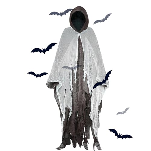 Qhvynpo Halloween Cloak, Hooded Cloak for Adults, Unisex Costume Cape, Scary Dress Up Cape, White Mesh Cloak, Halloween Party Props, Themed Costume Cloak, Role-playing Accessories von Qhvynpo