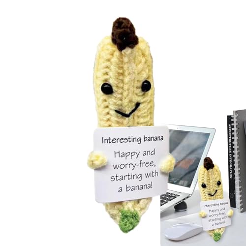 Qhvynpo Positive Häkelarbeit, Banane zur emotionalen Unterstützung | Bananen-Häkelspielzeug | 7 cm große „Cheer up Banana“-Strickpuppe, süße Häkelpuppe mit positiver Karte für Geburtstagsfeier, von Qhvynpo