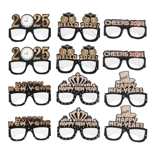 QianShi 12 Stück Silvesterbrille 2025 Zahlenbrille Glitzer Papier Brillen Lustige Neuheit Brillen Bulk Silvester Party Supplies Gastgeschenke Foto Booth Requisiten Xmas Weihnachten Cosplay Kostüm von QianShi