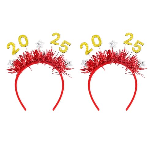 QianShi 2 Stück 2025 Neujahr Stirnband Weihnachten Kopfbedeckung Lametta Kopf Boppers Haarband Stern Kopfschmuck Xmas Party Haarschmuck (Golden 2025) von QianShi