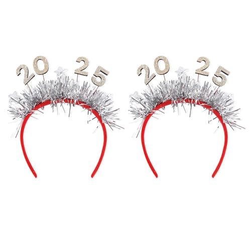 QianShi 2 Stück 2025 Neujahr Stirnband Weihnachten Kopfbedeckung Lametta Kopf Boppers Haarband Stern Kopfschmuck Xmas Party Haarschmuck (Silber 2025) von QianShi