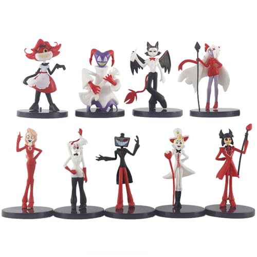 Qiancc 9PCS Anime Hazbin Hotel Figur Vox/Lucifer Morningstar/Angel Dust Figure Statue 9cm Cake Topper Modellfigur Sammlerstück Geschenke für Fans von Qiancc