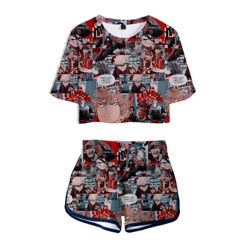 Qiancc Anime MHA T-shirt und Kurze Hosen Set Midoriya Izuku/Bakugo Katsuki Cosplay Crop Top und Shorts 2 Stück Casual Trainingsanzug für Damen und Mädchen von Qiancc