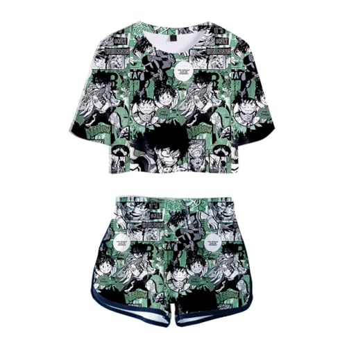 Qiancc Anime MHA T-shirt und Kurze Hosen Set Midoriya Izuku/Bakugo Katsuki Cosplay Crop Top und Shorts 2 Stück Casual Trainingsanzug für Damen und Mädchen von Qiancc