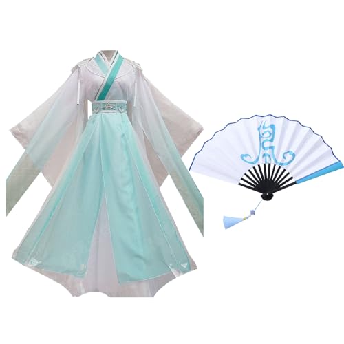 Shi Qing Xuan Cosplay Kostüm Anime Tian Guan Ci Fu Cosplay Weiß Hanfu Kleid Shi Qing Xuan Faltfächer Komplettset Outfits für Halloween Party von Qiancc