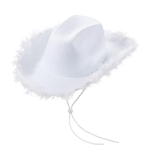 Leuchtende Cowboyhüte für Damen, flauschige Federkrempe, LED-Cowgirl-Hut für Junggesellinnenabschied, Kostümparty, Verkleidung (Weiß) von Qianderer