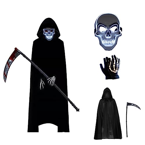 Qianderer 4 Stück Sensenmann Halloween-Kostüm für Erwachsene, Halloween, schwarzer Umhang mit Totenkopf-Maske, Sense, Skelett-Handschuhe, schwarzer Umhang für Cosplay-Partys (Schwarz, Einheitsgröße) von Qianderer