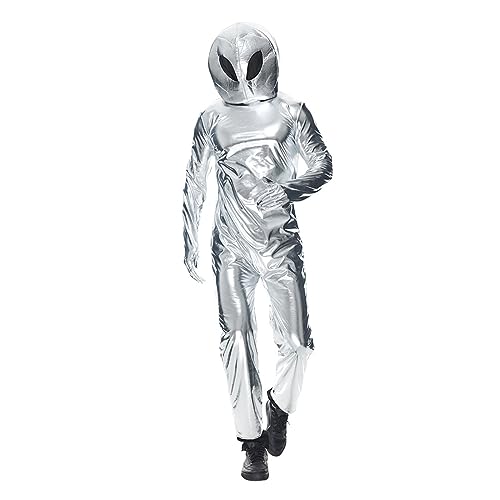 Qianderer Alien-Kostüm, Unisex, Halloween, Außerirdischer Weltraum, metallischer Body mit Hut, Erwachsenengröße (Weiß, M) von Qianderer