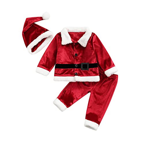 Qianderer Baby Weihnachten Outfit Baby Mädchen Junge Santa Outfit Säugling Weihnachtsmann Cosplay Kostüm Outwear Mantel + Hose + Hut Kinder Weihnachtsmannkostüm (Rot, 12-18 Monate) von Qianderer