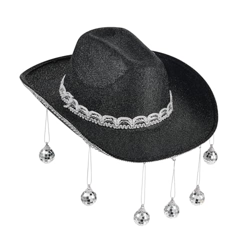 Qianderer Cowboyhut Filz Nieten Western Rodeo Texanischer Cowboyhut Bandana Set für Cowboy Mottoparty Halloween Cosplay Junggesellinnenabschied Kostüm Dress Up (Schwarze Discokugel, Einheitsgröße) von Qianderer