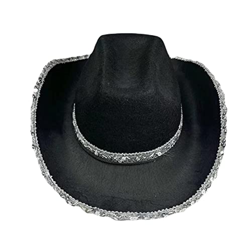 Qianderer Cowboyhut für Damen, Cowboyhut mit flauschiger Federkrempe, Faschingshüte, Disco-Cowgirl-Hut, Partyhut für Halloween, Cosplay, Club-Party (Schwarz, Einheitsgröße) von Qianderer