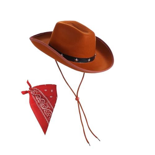 Qianderer Cowboyhut mit Filz, Nieten, Western-Rodeo, Texanischer Cowboyhut, Bandana-Set für Cowboy-Themenparty, Halloween, Cosplay, Junggesellinnenabschied, Kostüm, Verkleiden (Braun 2, Einheitsgröße) von Qianderer