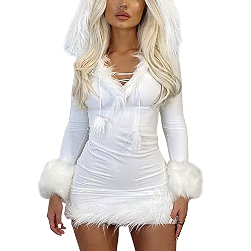 Qianderer Frauen-Kostüm, Weihnachtsmann-Kostüm, Cosplay, Weihnachten, Plüsch, pelzig, schulterfrei, Partykleid, Swing-Kleid (Bc Weiß, M) von Qianderer