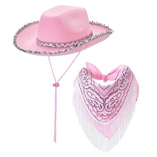 Qianderer Glitzer-Cowgirl-Hut für Erwachsene, Western-Kostüm-Zubehör, Damen-Cowboyhut, Cowgirl-Hut für Frauen, Rodeo, Party, Festival, Halloween, Cowboy-Verkleiden (rosa Pailletten, 2 Stück) von Qianderer