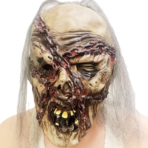 Qianderer Halloween-Horror-Maske, gruselige Party-Maske, gruselige Cosplay-Maske, Zombie-Maske, Halloween-Geistermaske mit Haaren für Halloween, Cosplay-Party (Khaki, 25 x 30 cm) von Qianderer