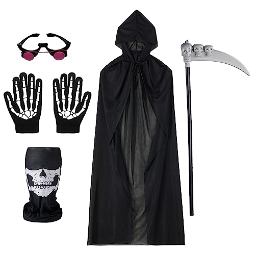 Qianderer Halloween-Kostüm, Sensenmann-Kostüm, gruseliger Tod, Verkleidung für Erwachsene, inklusive schwarzem Kapuzenumhang, Totenkopfmaske, Sense, Skelett-Handschuhe (schwarze Erwachsene, 5 Stück) von Qianderer