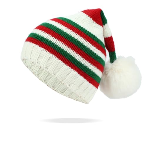 Qianderer Kinder-Strickmütze, gestreifte Beanie-Mütze mit Plüschball, Wintermütze für Weihnachten, Urlaub, Party (mehrfarbig, Einheitsgröße) von Qianderer