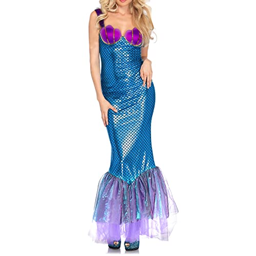 Qianderer Meerjungfrauenschwanz-Kostüm für Damen, Prinzessin, Pailletten, Rüschen, langer Schwanz, Maxi-Rock für Halloween, Cosplay, Verkleidung (Bb Blau Lila, L) von Qianderer