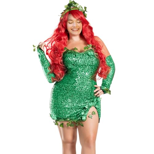 Qianderer Poison Ivy Kostüm für Damen, Halloween, Übergröße, grüne künstliche Blätter, Pailletten-Minikleid + Handschuhe + Pflanzen Kopfbedeckung (Hellgrün, M) von Qianderer