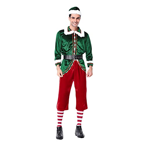 Qianderer Weihnachtselfenkostüm-Set für Erwachsene, Deluxe-Weihnachtsmann-Anzug, Samt, Weihnachtsmann-Helfer, Cosplay-Set, für Herren und Damen, Weihnachtself-Outfit für Urlaubsparty (Bb Green Man mit von Qianderer