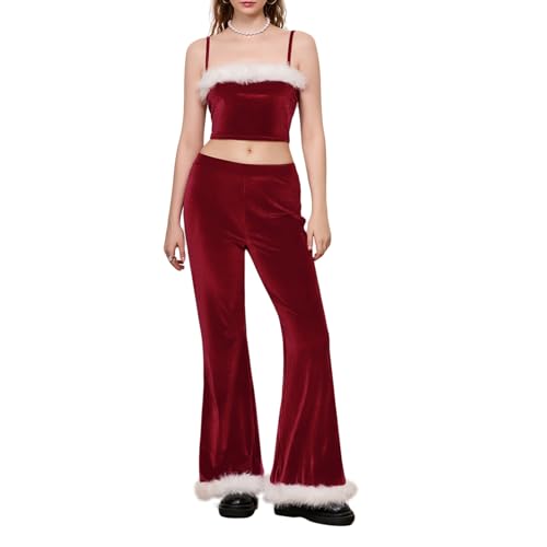 Qianderer Weihnachtskostüm-Set für Damen, Weihnachtsmann-Outfits, Samt, figurbetont, trägerlos, Cami-Oberteil und Hose mit Fellbesatz, Cosplay-Anzug, Ba-Rot, Größe L von Qianderer