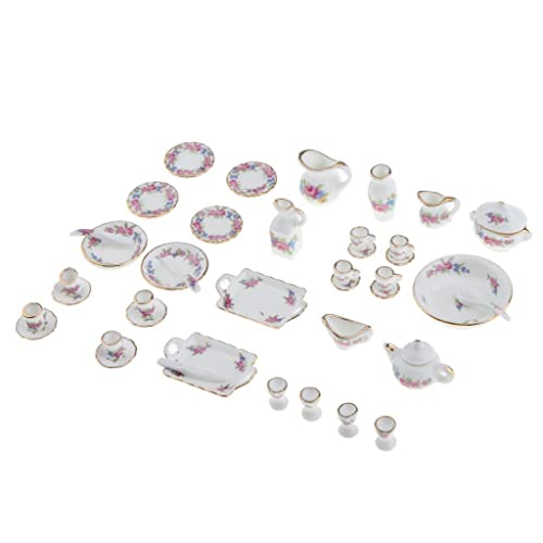 Qianly 40 Stücke Rose Blumen Porzellan China Tee Set Topf Tasse Unterteller Teller von Qianly