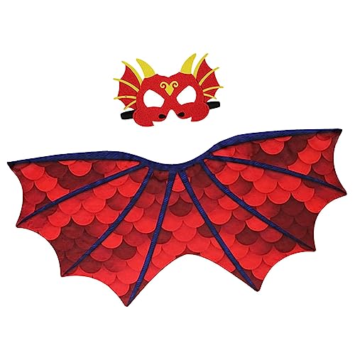 Qianly Drachenkostüm für Kinder, Dinosaurierflügel Maskenset, Verkleidungsgeschenk, Spielzeug, Foto Requisiten, Drachenmaske, Drachenflügel für Halloween Par, Rot von Qianly