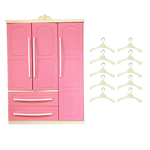 Qianly Kleiderschrank mit 10 Stück Rosa Kleiderbügeln, Simulationsspielzeug, Puppenhaus Zubehör von Qianly