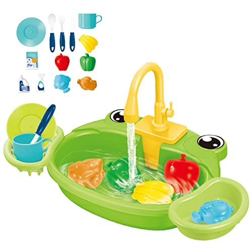 Qianly Küchenspülenspielzeug, Sensorisches Zubehör PP Montessori Reinigungsset mit Laufspielset für Spielhausküche Kleinkindergeschenk, Grüner Frosch, 15,75 x 9,84 x 8,27 Zoll von Qianly