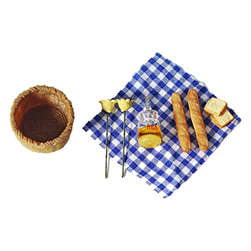 Qianly Mini Miniatur Brot Picknickdecke mit Korb 1/12 Puppenhaus, Blaues Plaid von Qianly