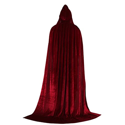 Qianly Samt Kapuzenmantel Lange Robe Hexen Capes Halloween Kostüm, Weinrot, 150cm von Qianly