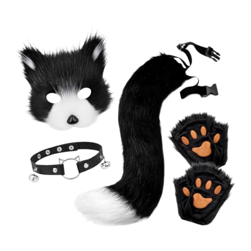 Qianly Tierhalsband Und Schwanz Set für Halloween Kostüme, Maskerade Und Feiern, Schwarz-Weiss von Qianly