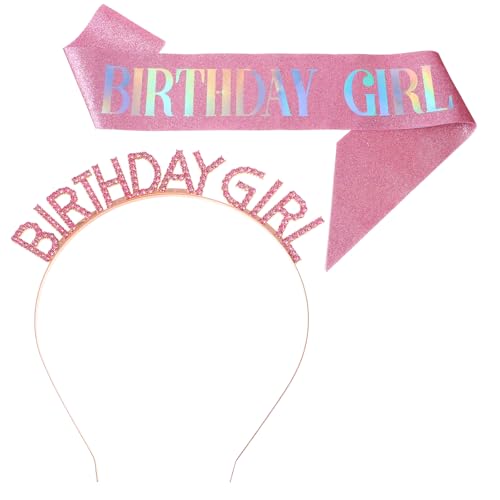 Qianyu 2 Stück Geburtstag Kristall Tiara Geburtstagskrone Mädchen Rosa Crown Krone Schärpe mit Birthday Girl Geburtstagsstirnband für Mädchen Cute Birthday Headband für Geburtstagsfeier Dekorationen von Qianyu