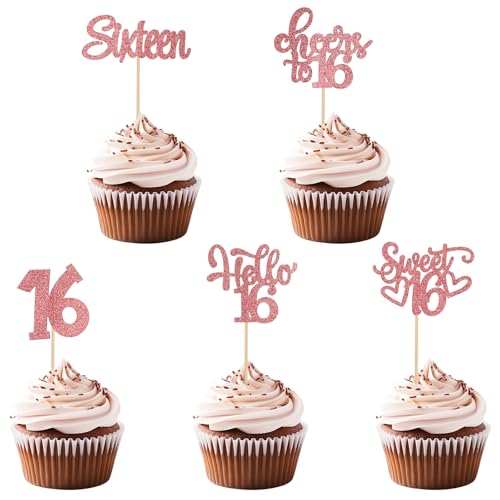 Qianyu 30 Stück Cupcake Toppers Sweet Teenager 16 Happy Birthday Cupcake Muffin Toppers Tortendeko Cupcake-Topper-Stäbchen für 16 Jahre Birthday Party Supplies Feiern Events Dekorationen von Qianyu