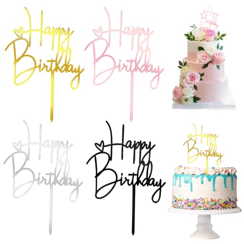 Qianyu 4 Packungen „Happy Birthday“ Kuchenaufsätze aus Acryl Mehrfarbig Cupcake-Topper Zubehör für Kinder Erwachsene Kucheneinsätze DIY-Kuchenschild Party-Dekorationsideen Andenken von Qianyu