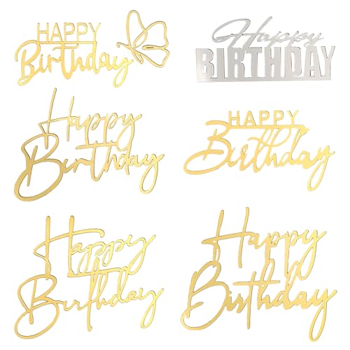 Qianyu 6 Packungen Happy Birthday Cake Toppers Happy Birthday Acryl Cake Topper Dekorationen Supplies Gold Cupcake Topper für Kinder oder Erwachsene Kucheneinsätze DIY Kuchen Dekor Souvenirs von Qianyu