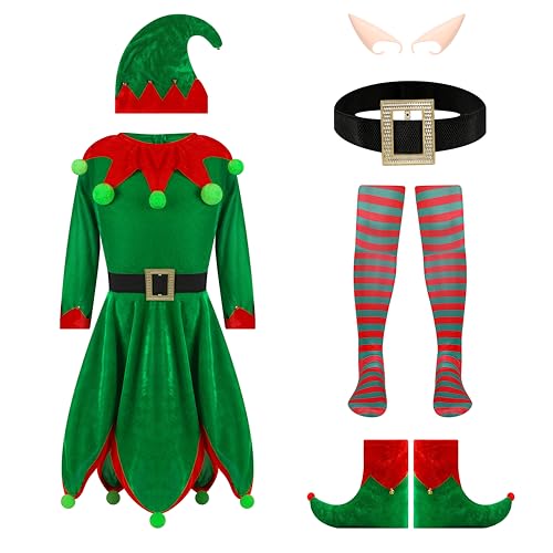 QiaoPkeb 6-teilige Frauen Urlaub Elfen Kostüm Samt Kleid Weihnachten Karneval Rollenspiel Elfen Hut Schuhe Ohrriemen Socken (L) von QiaoPkeb