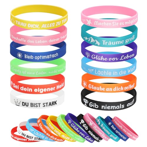 Qichan 24 Stück Motivationsarmbänder Auf Deutsch, 20,2cm Silikonarmband Kinder mit Inspirierenden Sprüchen, Motivierendes Gummiarmbänder, Mutmacher Geschenke Party Mitgebsel für Teenager Kinder von Qichan