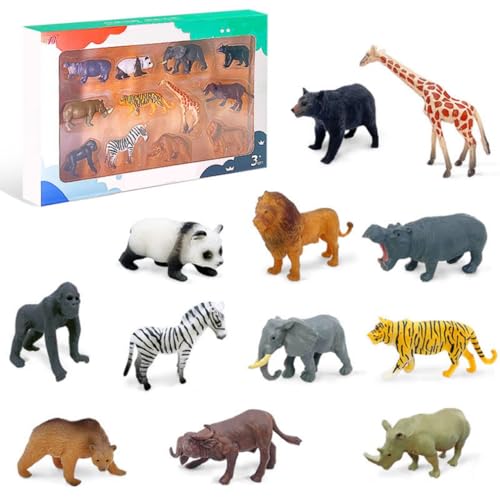 Qiciqinoone Waldtiere Figuren Set, 12 Stück Kleine Tiere Figuren, Safari Tierfiguren, Dschungel Miniatur Tiere Spielfiguren Löwe Giraffe Zebra Gorilla, für Wald-Themen-Kuchenaufsätze, Kuchen Topper von Qiciqinoone