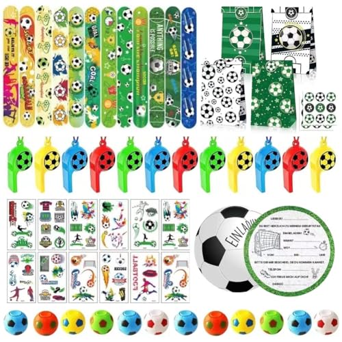 Qiciqinoone Fußball Party Mitgebsel Kinder 90 Stück, mit Fussball Einladungskarten, Geschenk Taschen, Schnapparmband, Pfeifen, Tattoo, Spinning-Fußball, Mitgebsel Fussball für Junge und Mädchen von Qiciqinoone