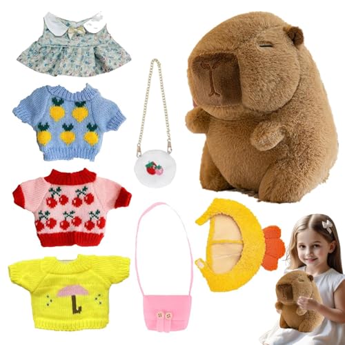 Qidures Capybara Kuscheltier, 25cm Capybara Plüschtier Mit 7 Teiliger Kleidung Und Accessoires, Kuscheltier Capybara, Wasserschwein Kuscheltier, Niedlichen Capybara Kann von Qidures